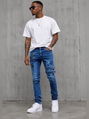 Glitz Men's Blue Skinny Jeans with Buckle Straps